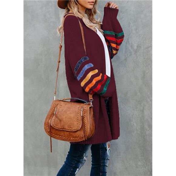 Women's Color Block Striped Open Front Long Cardigan Knit Sweater - Picture 4 of 4